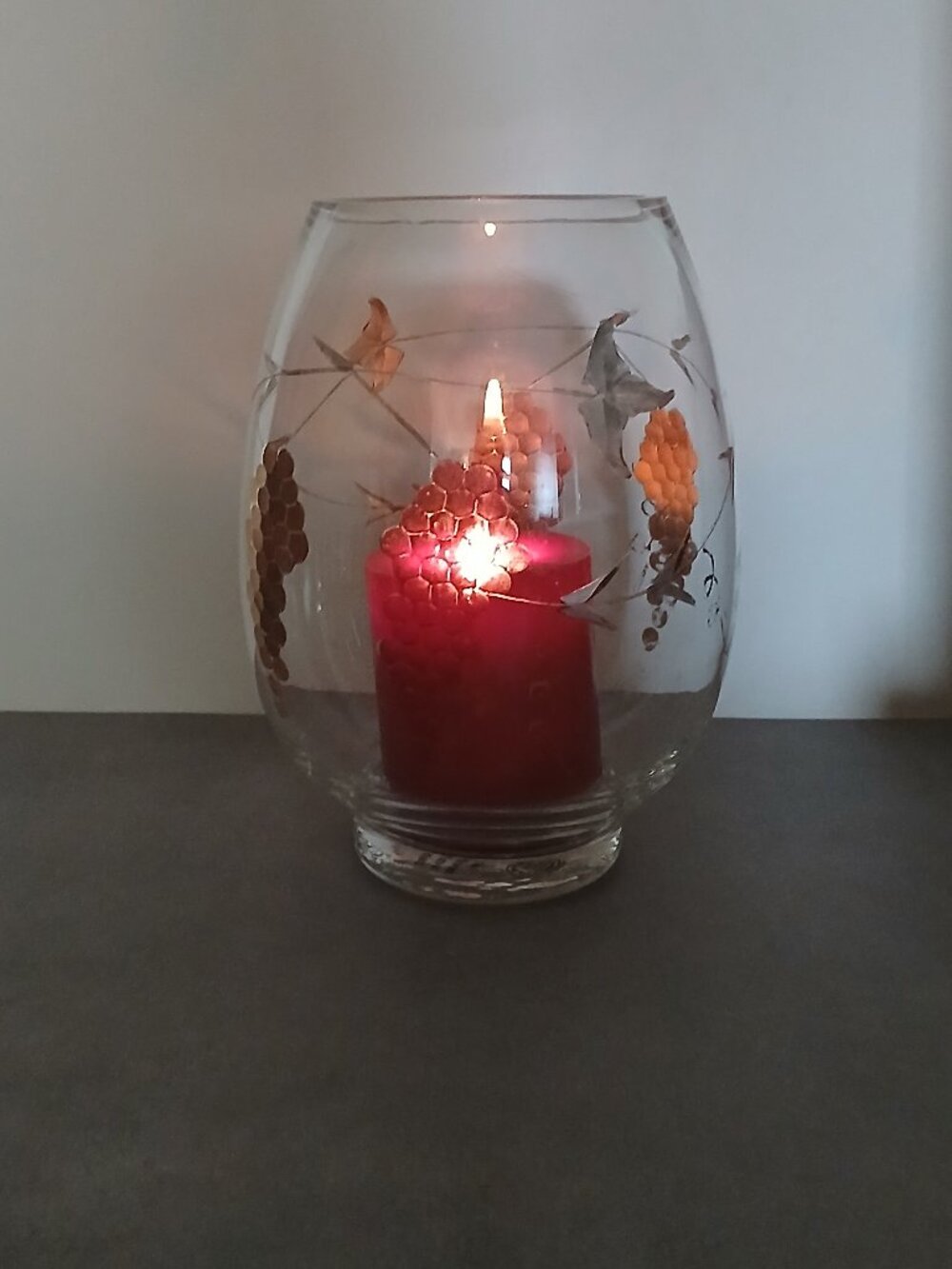 Vintage Glass Hurricane Candle Holder/Vase Hand Painted Grape & Vine Pattern